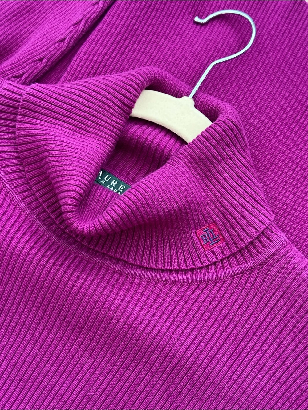 Lauren Ralph Lauren Magenta Ribbed Fitted Turtleneck Sweater With Logo